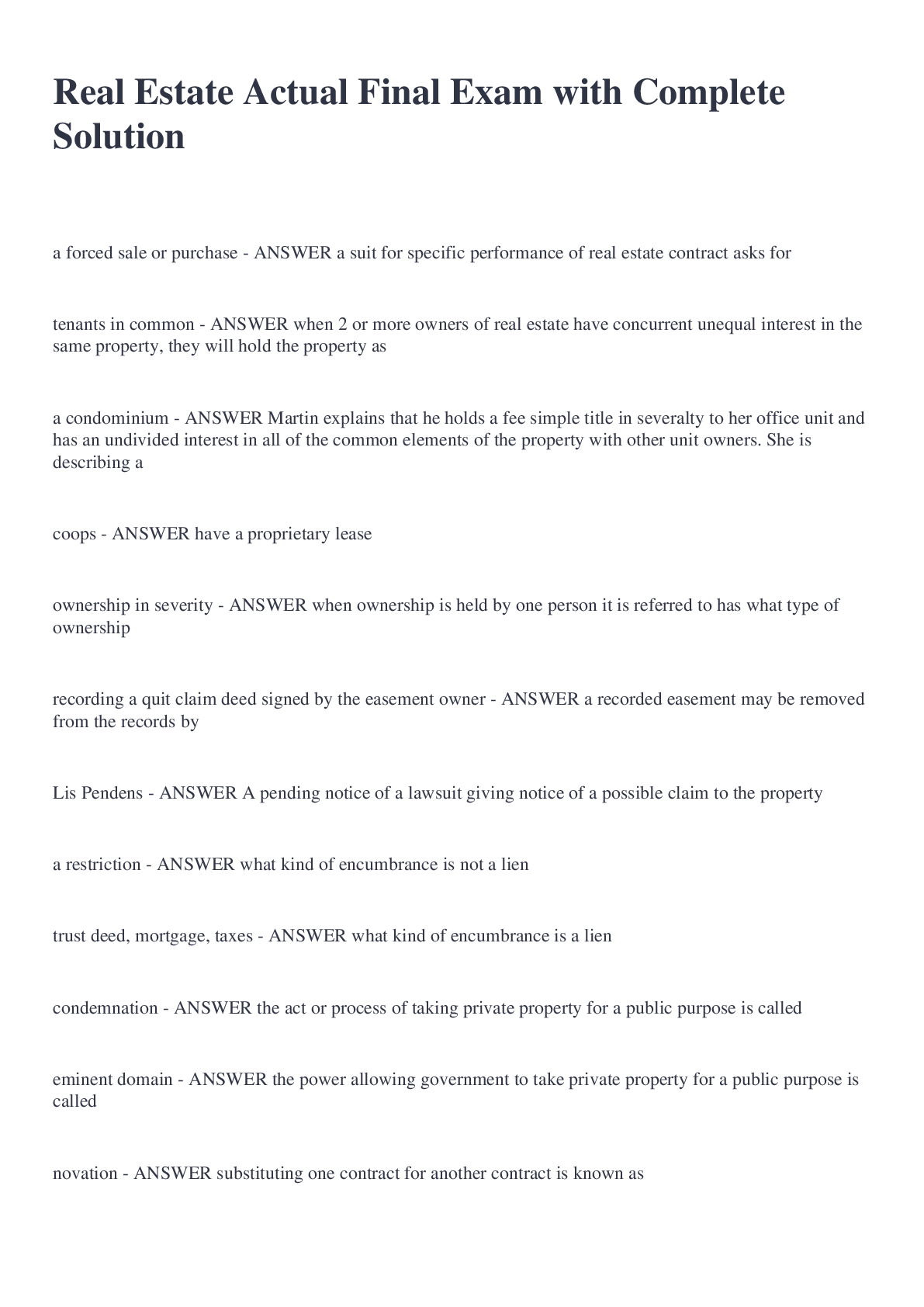 Real Estate Actual Final Exam with Complete Solution Browsegrades